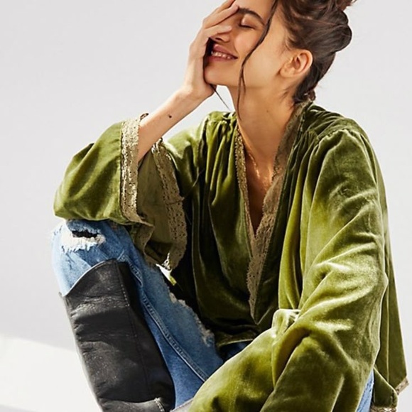Free People Tops - Vintage Bed jacket Free People Olive Velvet Tie-Front Blouse